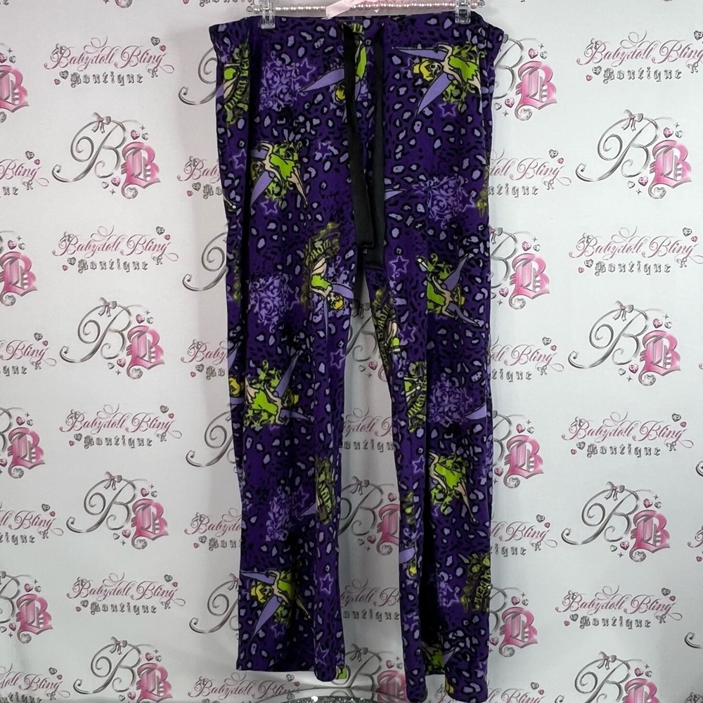 Disney pants tinkerbell fleece cheetah stars purple and Green Patterned Pants